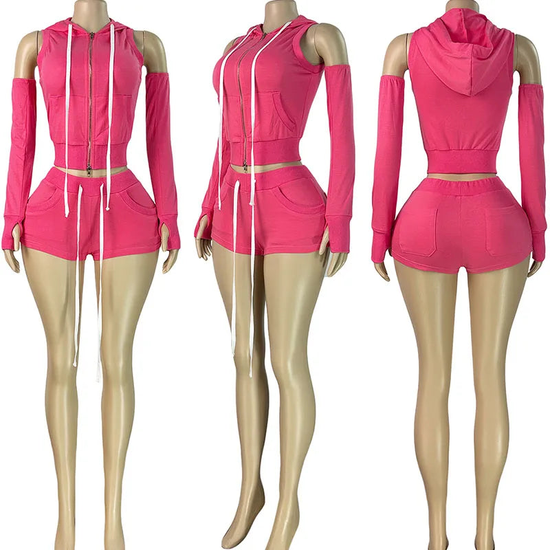 Doyerl Casual Sweat Suit Woman Clothing 2 Piece Sets Active Wear Zipper Hooded Top and Shorts Casual Outfits Ensemble Sport