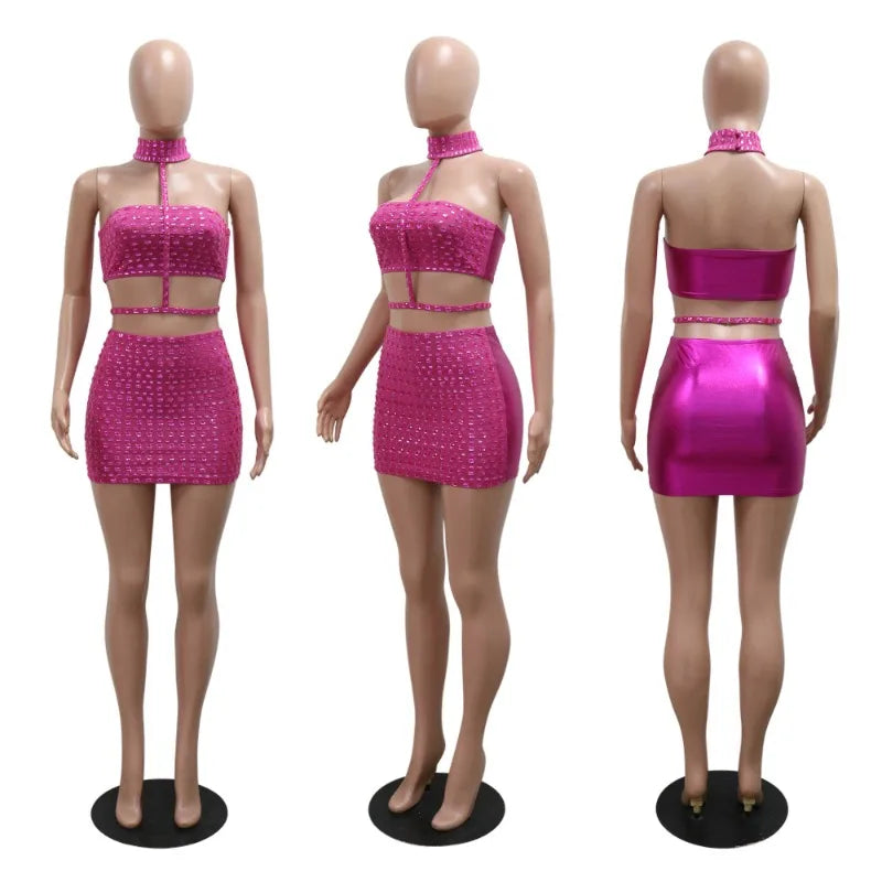 Sexy Night Club Birthday Outfits Women Two Piece Set Strapless Crop Top and Mini Skirt 2 Piece Set Y2K Festival Conjunto Mujer