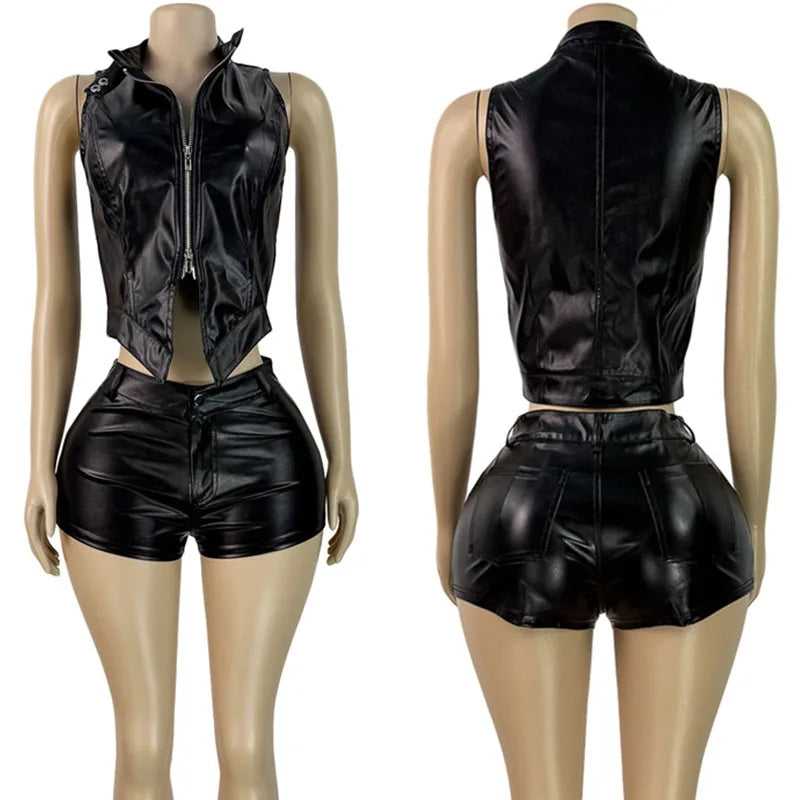 Doyerl PU Faux Leather Two Piece Outfits Woman Streetwear Double Zipper Sleeveless Jacket Top and Shorts Set Matching Ensemble