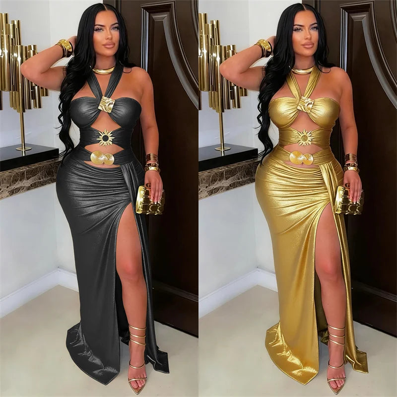 Doyerl Elegant Birthday Dresses for Woman Evening Nightclub Party Halter Strapless Hollow Out Ruched High Split Maxi Dress Robe