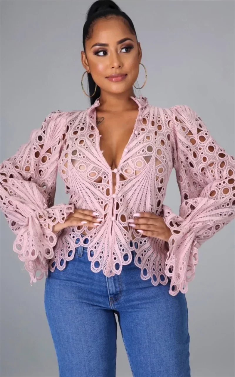 Sexy Hollow Out Floral White Blouses Tops for Woman 2025 Birthday Flare Sleeve Stylish Y2K Club Wear Shirts Blusas Para Mujer