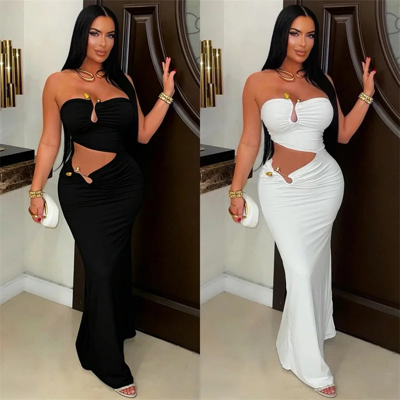 Sexy Strapless Party Dress Woman for Birthday Cut Out Sheath Slim Club Wear Night Out Bodycon Long Dress Vestidos Elegantes
