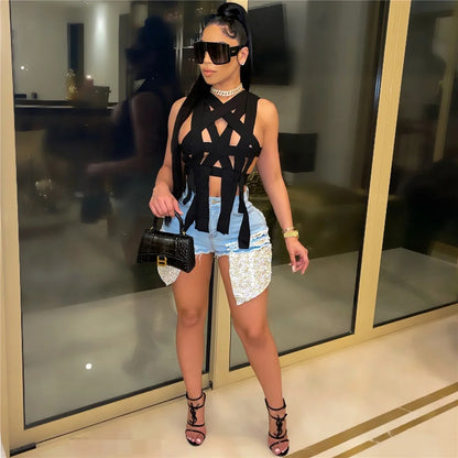 Sexy Hollow Out Ribbons Bandage Crop Tops Women Summer 2021 Solid Streetwear Harajuku Party Clubwear Sleeveless Top Mujer Female