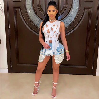 Sexy Hollow Out Ribbons Bandage Crop Tops Women Summer 2021 Solid Streetwear Harajuku Party Clubwear Sleeveless Top Mujer Female