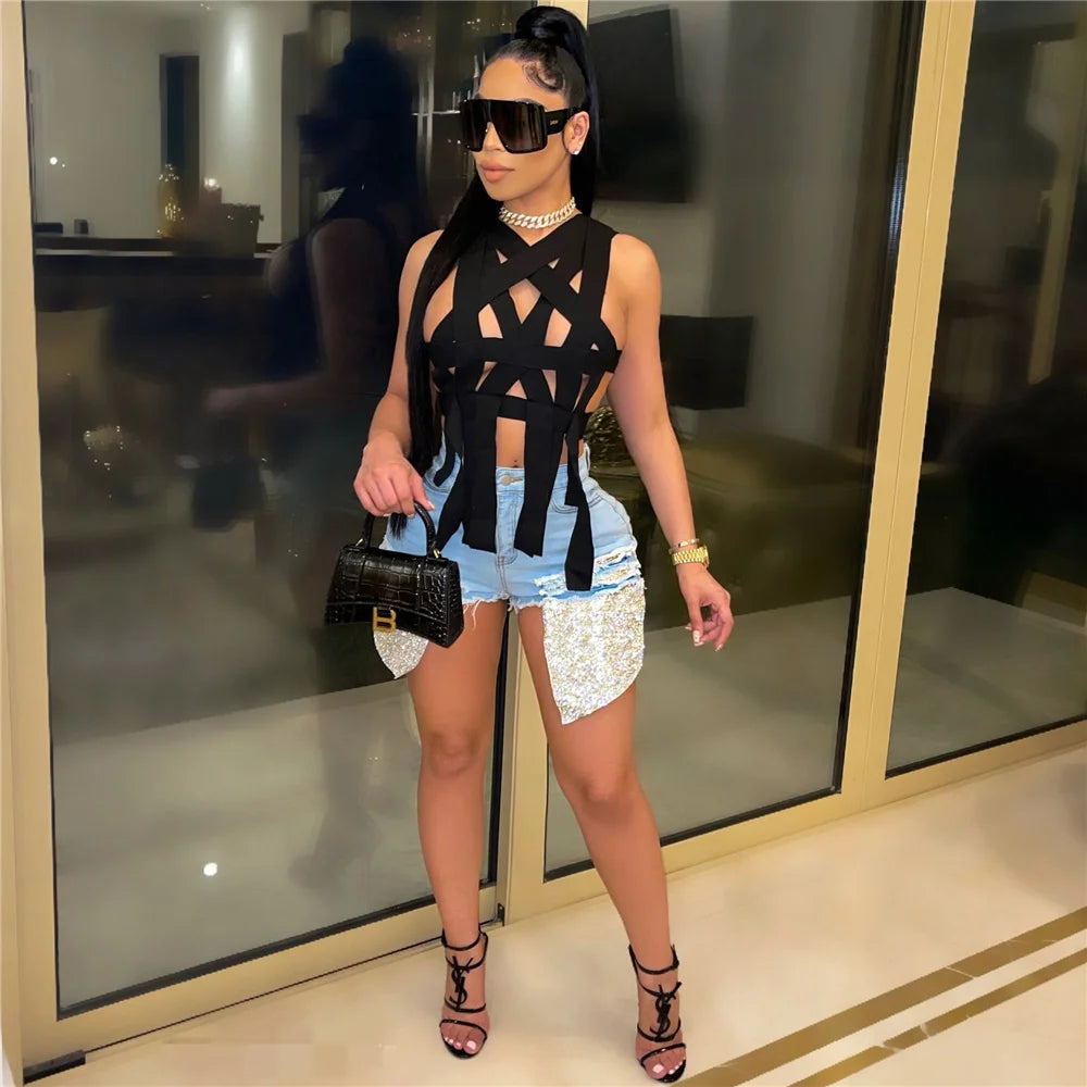 Sexy Hollow Out Ribbons Bandage Crop Tops Women Summer 2021 Solid Streetwear Harajuku Party Clubwear Sleeveless Top Mujer Female