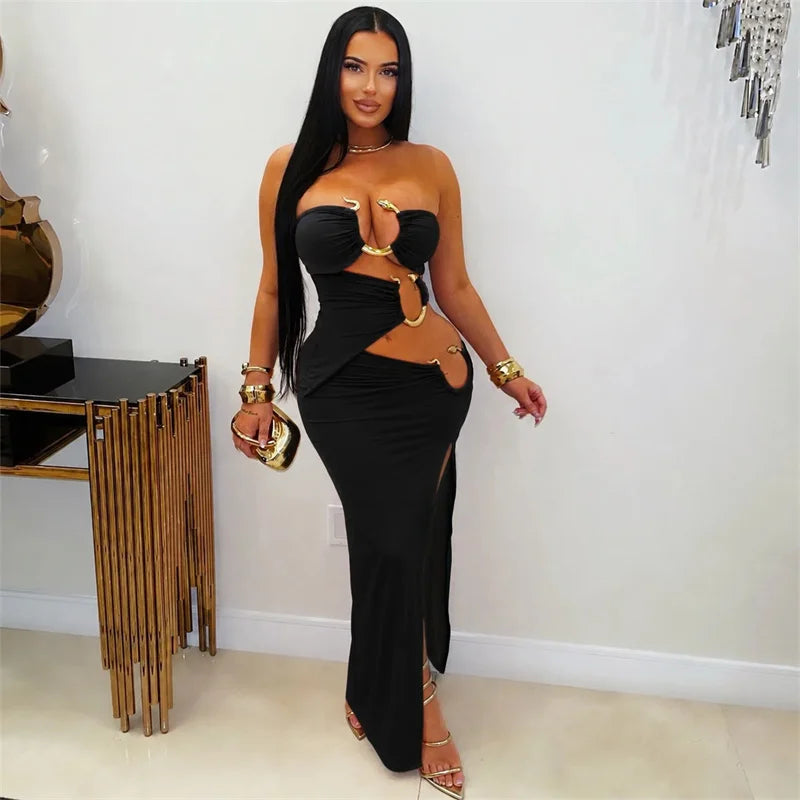 Doyerl Metal Ring Bandage Strapless Birthday Dresses for Woman Party Club Night Hollow Out Bodycon Maxi Dress Robe Longue Femmes
