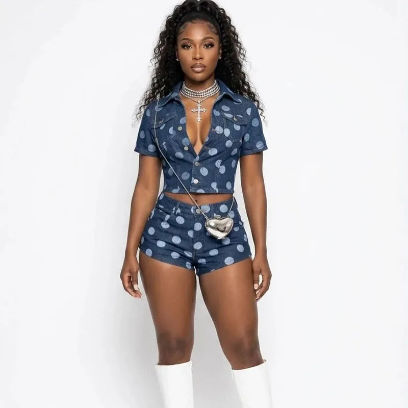 Doyerl Polka Dot Denim 2 Piece Outfits Woman Summer Clothes Button Up Turn-down Collar Shirt Top and Shorts Matching Sets Jeans