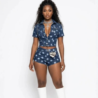 Doyerl Polka Dot Denim 2 Piece Outfits Woman Summer Clothes Button Up Turn-down Collar Shirt Top and Shorts Matching Sets Jeans