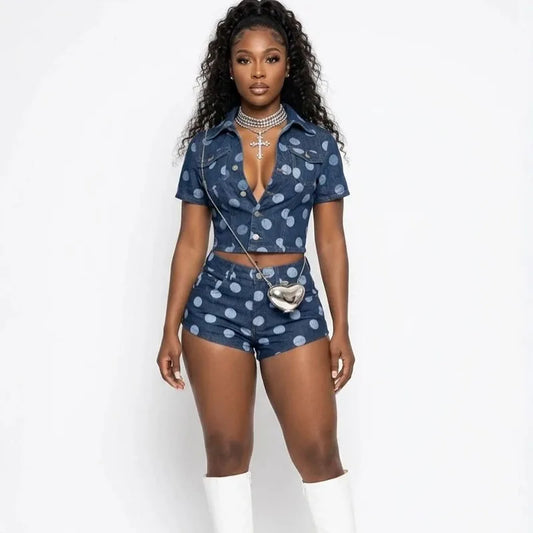 Doyerl Polka Dot Denim 2 Piece Outfits Woman Summer Clothes Button Up Turn-down Collar Shirt Top and Shorts Matching Sets Jeans