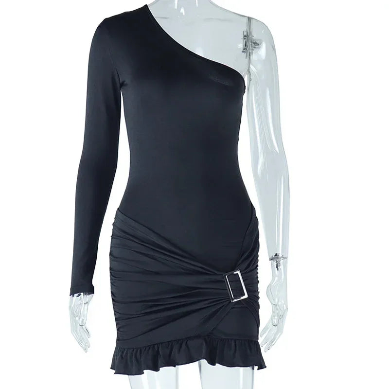 Sexy One Shoulder Bodycon Mini Dress with Sleeve Women Night Club Party Sheath Stretchy Button Ruched Ruffles Hem Short Dresses