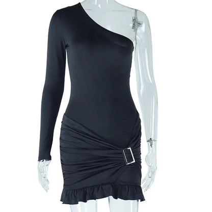 Sexy One Shoulder Bodycon Mini Dress with Sleeve Women Night Club Party Sheath Stretchy Button Ruched Ruffles Hem Short Dresses