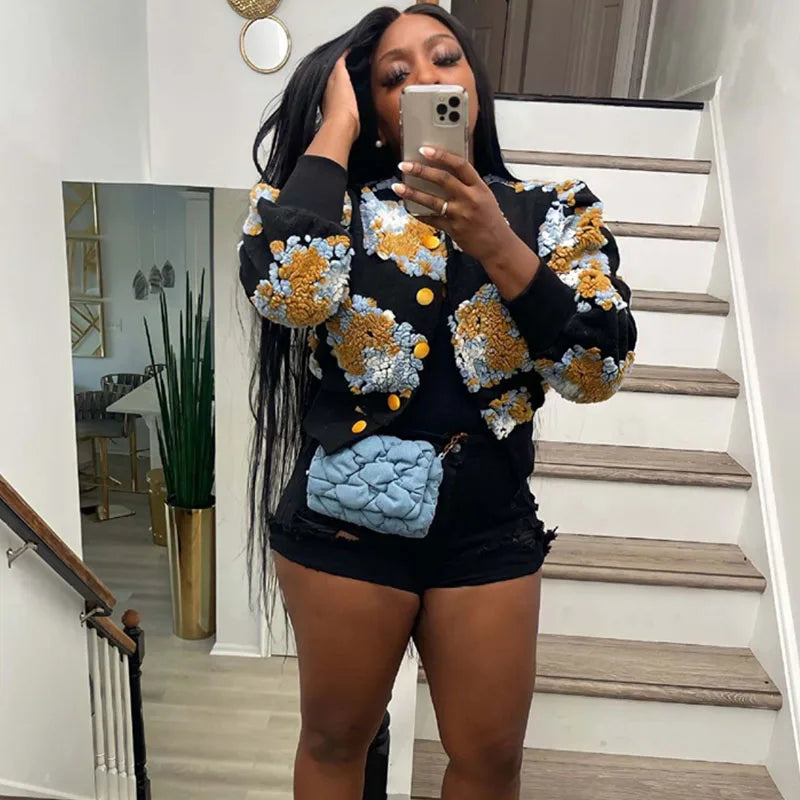 Streetwear Velours Flower Bomber Jacket Winter Clothes Women Warm Harajuku Single-breasted Chic Coat Outwears Chaqueta Mujer