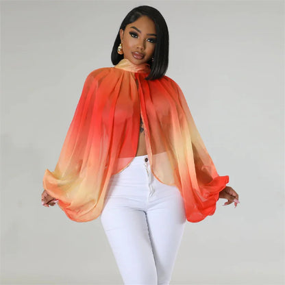 Printing Batwing Sleeve Chiffon Shirts & Blouses for Women Tops Y2K Sheer Front Split Blouse Party Nightclub Blusas Para Mujer
