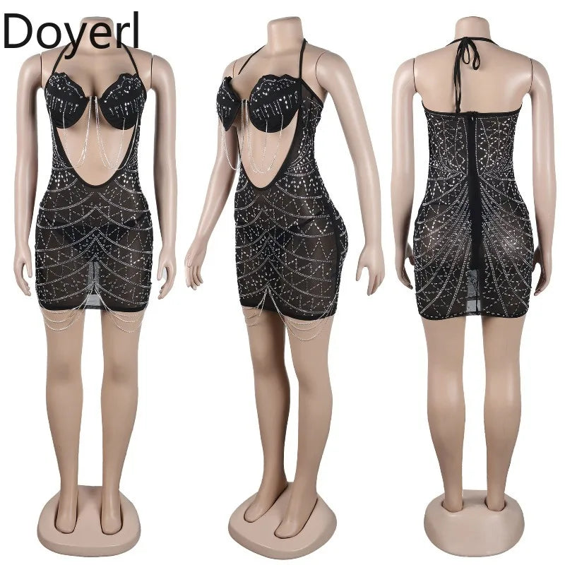 Doyerl Crystal Diamonds Tassel Birthday Dress Women Luxury Party Night Club Hollow Out Mesh See Through Rhinestones Mini Dress