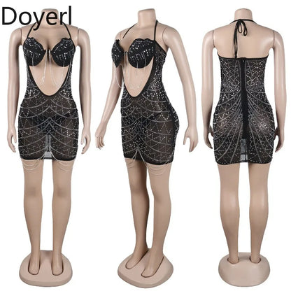 Doyerl Crystal Diamonds Tassel Birthday Dress Women Luxury Party Night Club Hollow Out Mesh See Through Rhinestones Mini Dress