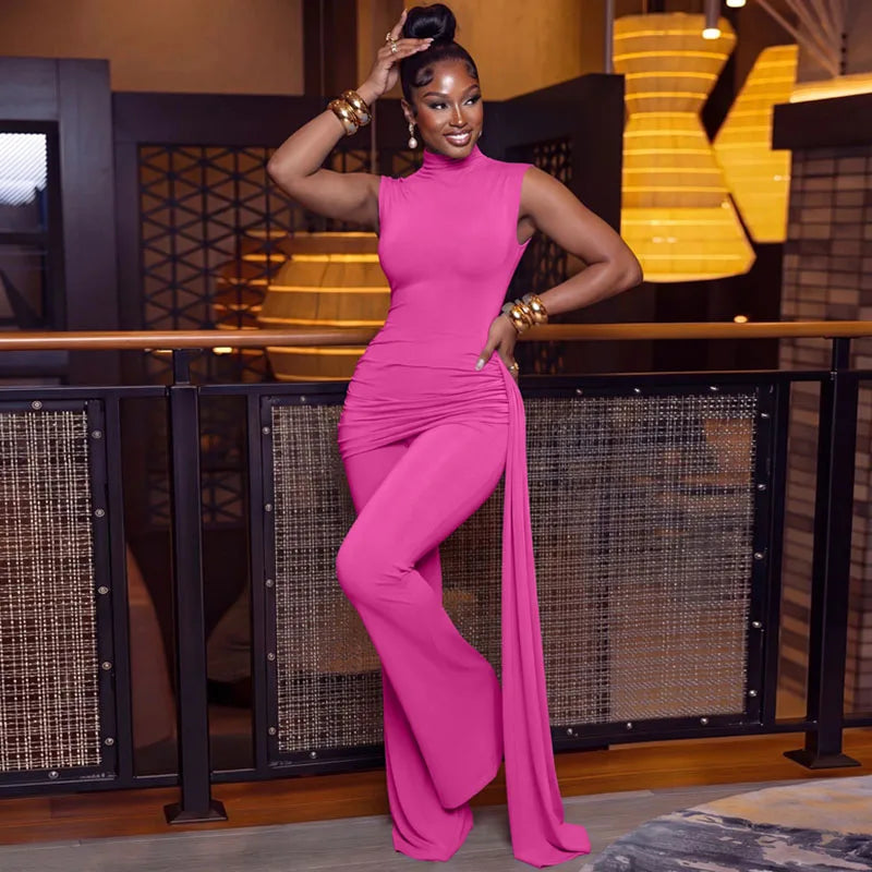 2026 Chic Solid 2 Piece Sets Woman Outfits Elegant Club Party Ruched Ribbon Sleeveless Top and Flare Pants New in Matching Sets