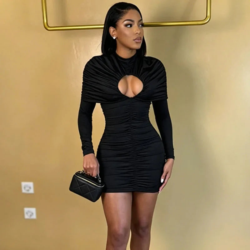 Sexy Hollow Out Ruched Bodycon Dress Woman Long Sleeve Sheath Slim Party Club Night Out Mini Dress Vestidos De Fiesta Elegantes