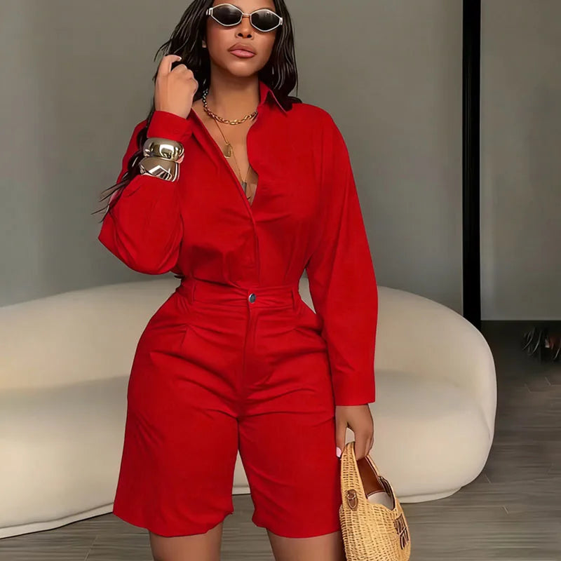 Doyerl Solid Elegant Fashion Two Piece Set Women Clothing Casual Long Sleeve Shirt Top and Shorts Matching Sets Ensembles Femme