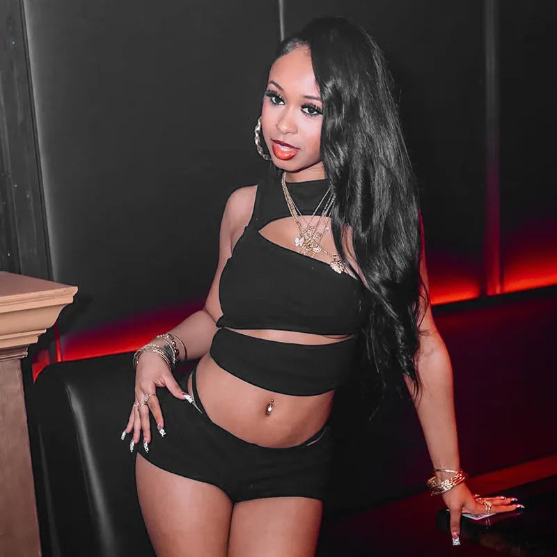 Sexy Hollow Out Clubbing Woman Outfit Sets 2 Piece Rave Festival Clothing Party Knit Top and Shorts Matching Set Conjunto Verano