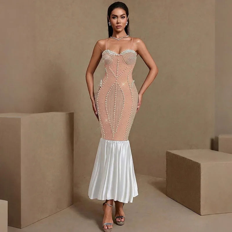Doyerl Pearls Rhinestones Dinner Evening Dresses Luxury Women Wedding Special Occasions Party Club Prom Mermaid Maxi Dress Robe