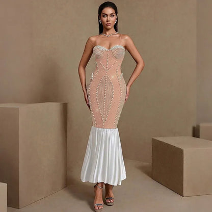 Doyerl Pearls Rhinestones Dinner Evening Dresses Luxury Women Wedding Special Occasions Party Club Prom Mermaid Maxi Dress Robe