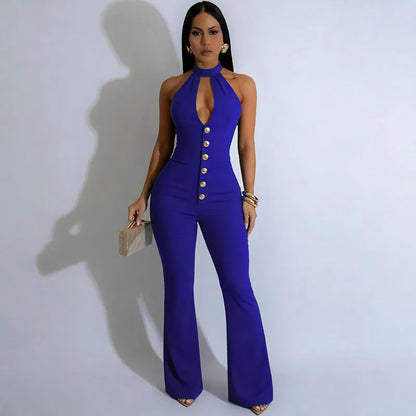 Sexy Halter Backless Women's Jumpsuits and Rompers Sleeveless Hollow Out Single-breasted Skinny Party Overalls Club Outfits