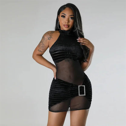 Sexy Mesh See Through Patchwork Velvet Bodycon Mini Dress Women Sleeveless Button Bandage Party Night Club Dresses Vestidos