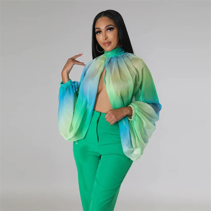 Printing Batwing Sleeve Chiffon Shirts & Blouses for Women Tops Y2K Sheer Front Split Blouse Party Nightclub Blusas Para Mujer