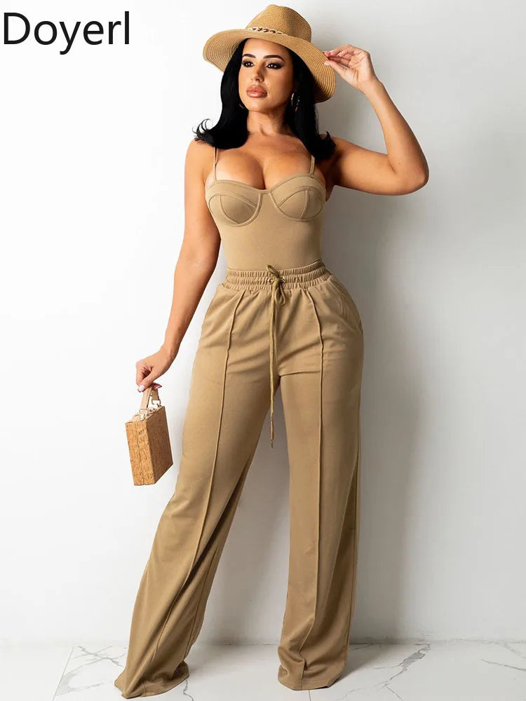 Doyerl Solid Elegant 2 Piece Set Woman Clothing Spaghetti Strap Strapless Top and Drawstring Wide Leg Pants Matching Sets Outfit
