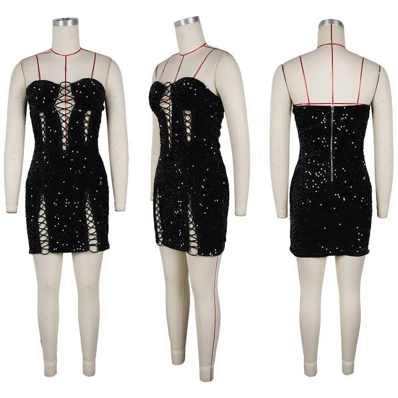 Doyerl Glitter Sequin Dress Woman Birthday Tube Strapless Lace-up Hollow Out Night Club Party Bandage Bodycon Mini Dress Vestido