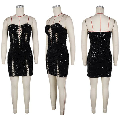 Doyerl Glitter Sequin Dress Woman Birthday Tube Strapless Lace-up Hollow Out Night Club Party Bandage Bodycon Mini Dress Vestido