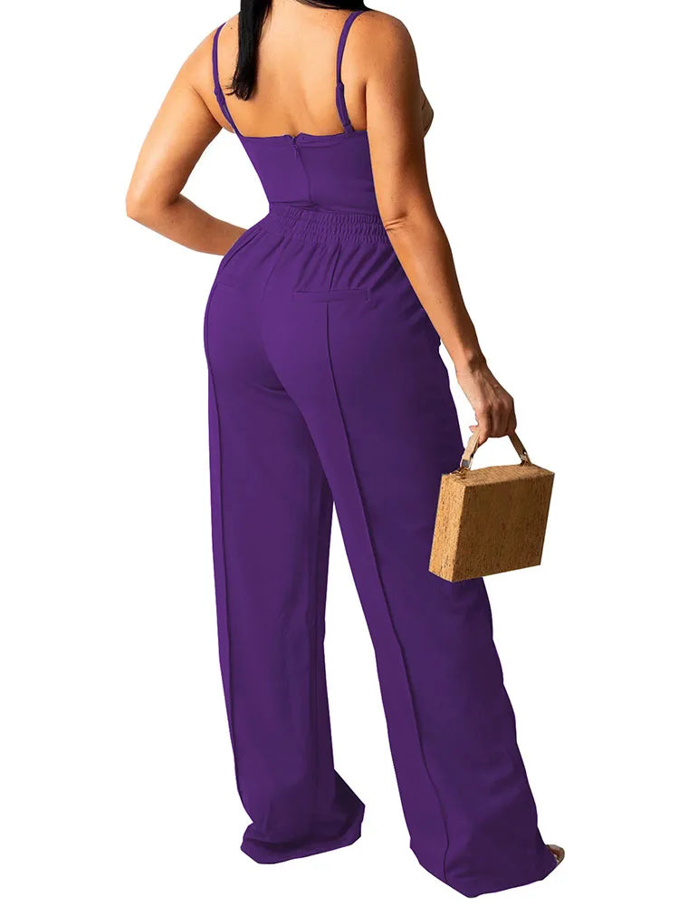 Doyerl Solid Elegant 2 Piece Set Woman Clothing Spaghetti Strap Strapless Top and Drawstring Wide Leg Pants Matching Sets Outfit