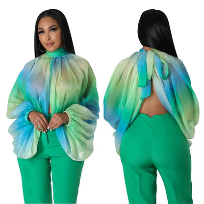 Printing Batwing Sleeve Chiffon Shirts & Blouses for Women Tops Y2K Sheer Front Split Blouse Party Nightclub Blusas Para Mujer