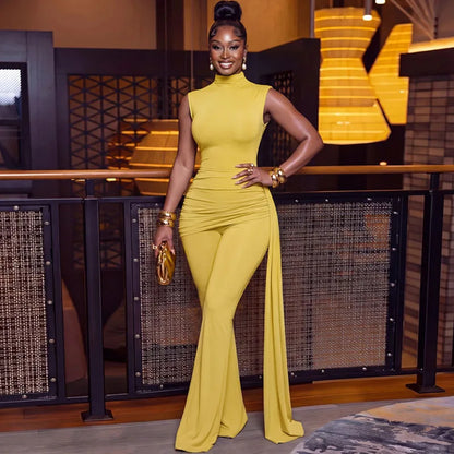 2026 Chic Solid 2 Piece Sets Woman Outfits Elegant Club Party Ruched Ribbon Sleeveless Top and Flare Pants New in Matching Sets