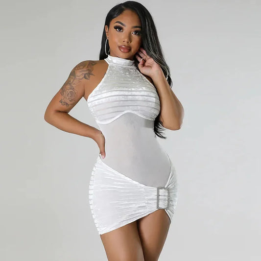 Sexy Mesh See Through Patchwork Velvet Bodycon Mini Dress Women Sleeveless Button Bandage Party Night Club Dresses Vestidos