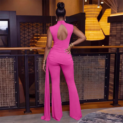 2026 Chic Solid 2 Piece Sets Woman Outfits Elegant Club Party Ruched Ribbon Sleeveless Top and Flare Pants New in Matching Sets