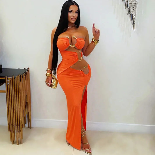 Doyerl Metal Ring Bandage Strapless Birthday Dresses for Woman Party Club Night Hollow Out Bodycon Maxi Dress Robe Longue Femmes
