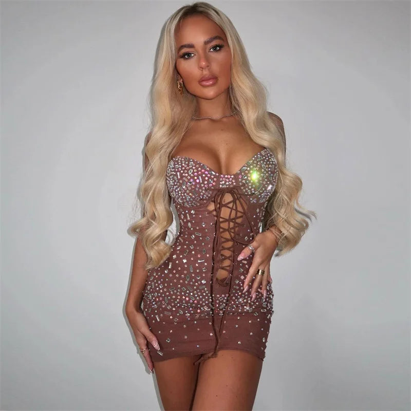 Sparkly Diamond Rhinestones Birthday Dress for Women Luxury Lace-up Hollow Out Bandage Short Dresses Night Party Club Mini Dress