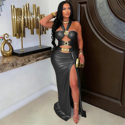 Doyerl Elegant Birthday Dresses for Woman Evening Nightclub Party Halter Strapless Hollow Out Ruched High Split Maxi Dress Robe