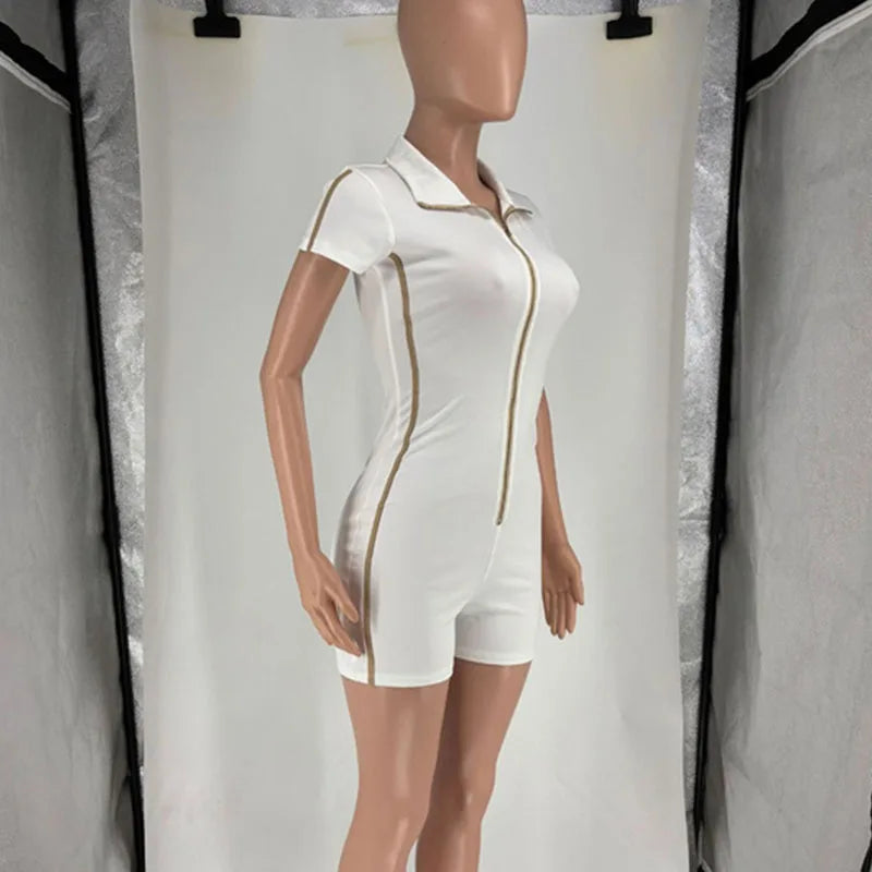 Doyerl Front Zipper Turn-down Collar Playsuit Women's Jumpsuits and Rompers Short Sleeve Slim Casual Sporty One Piece Outfits