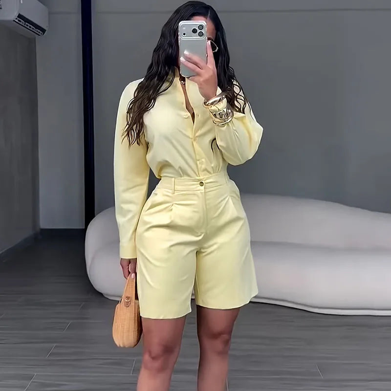 Doyerl Solid Elegant Fashion Two Piece Set Women Clothing Casual Long Sleeve Shirt Top and Shorts Matching Sets Ensembles Femme