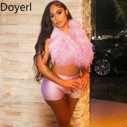 Doyerl Fake Fur Night Out Outfits Women Two Piece Set Sexy Club Halter Lace-up Crop Top and Shorts Birthday Ensemble Short Femme