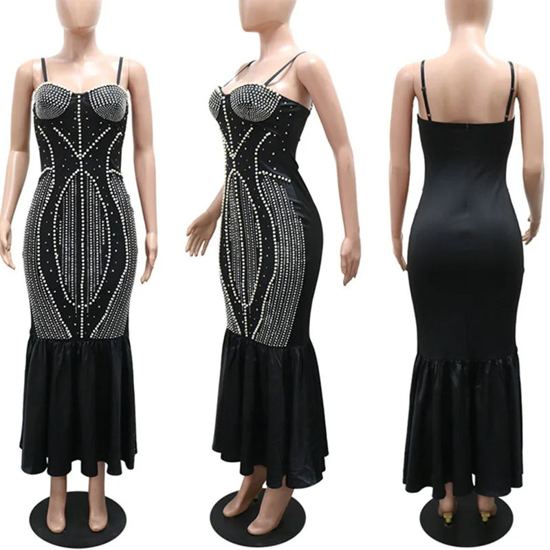 Doyerl Pearls Rhinestones Dinner Evening Dresses Luxury Women Wedding Special Occasions Party Club Prom Mermaid Maxi Dress Robe