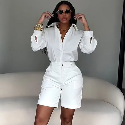 Doyerl Solid Elegant Fashion Two Piece Set Women Clothing Casual Long Sleeve Shirt Top and Shorts Matching Sets Ensembles Femme