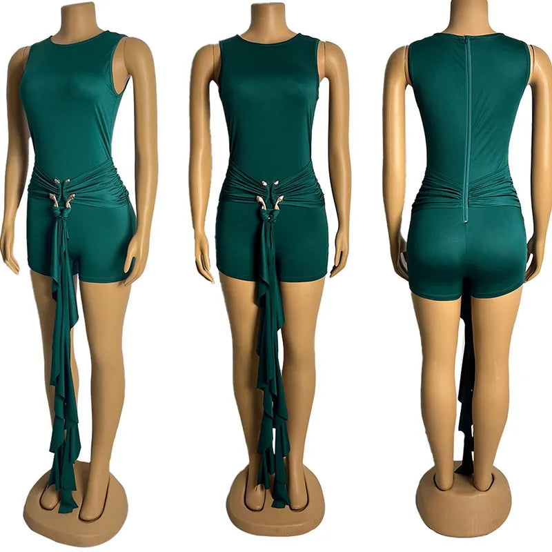 Doyerl Elegant Bodycon Playsuits Woman Romper Club Wear Party Skinny Metal Ring Button Ruched Jumpsuit with Ribbon Combishort
