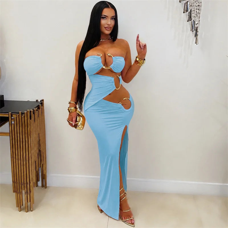 Doyerl Metal Ring Bandage Strapless Birthday Dresses for Woman Party Club Night Hollow Out Bodycon Maxi Dress Robe Longue Femmes