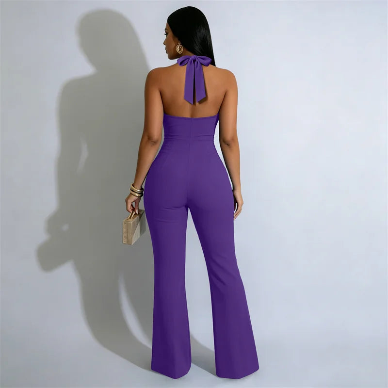 Doyerl Solid Elegant One Piece Outfits Woman Jumpsuit Classy Party Club Single-breasted Button Halter V-neck Backless Romper