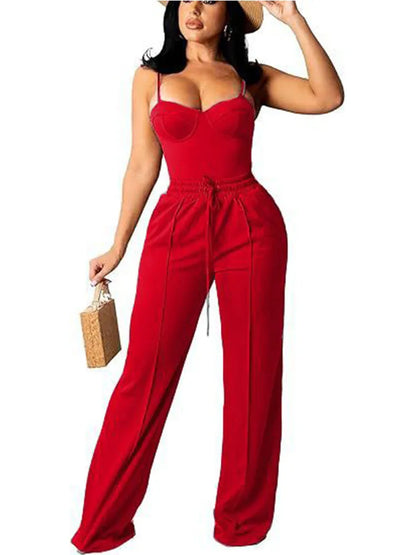 Doyerl Solid Elegant 2 Piece Set Woman Clothing Spaghetti Strap Strapless Top and Drawstring Wide Leg Pants Matching Sets Outfit