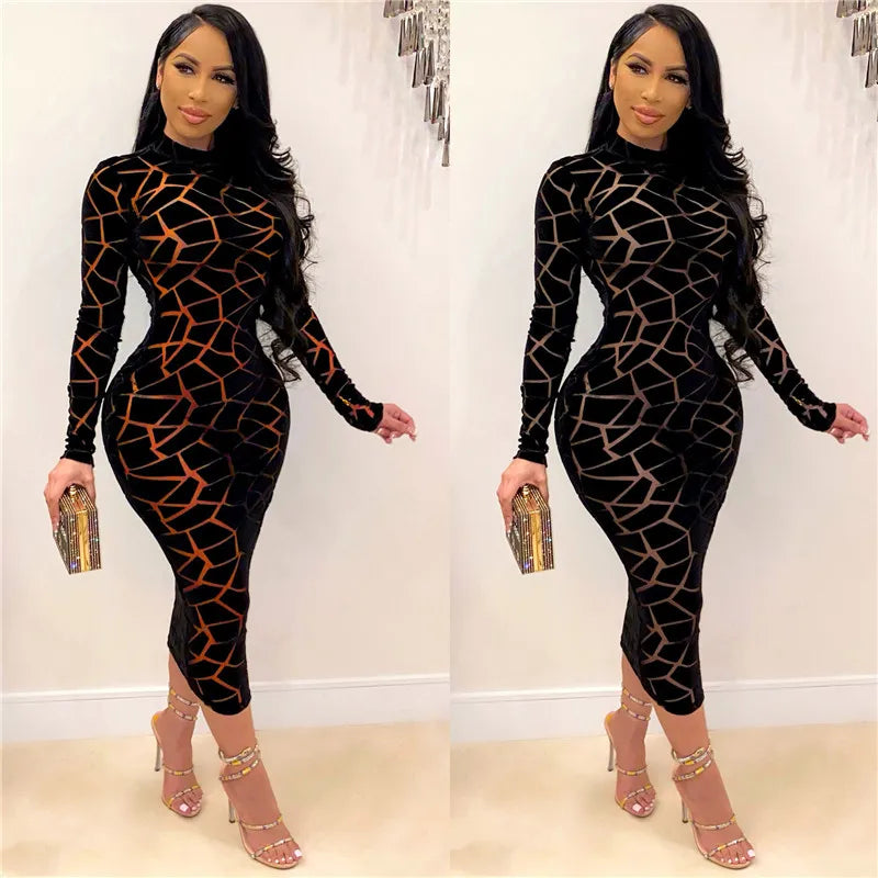 Sexy Sheer Mesh Patchwork Long Sleeve Bodycon Dress Women Night Club Party Plaid Stretchy Slim Midi Dresses Vestidos Para Mujer
