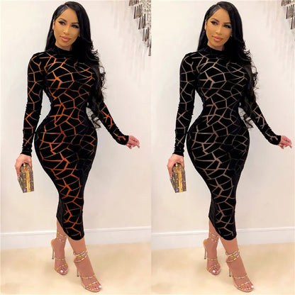 Sexy Sheer Mesh Patchwork Long Sleeve Bodycon Dress Women Night Club Party Plaid Stretchy Slim Midi Dresses Vestidos Para Mujer